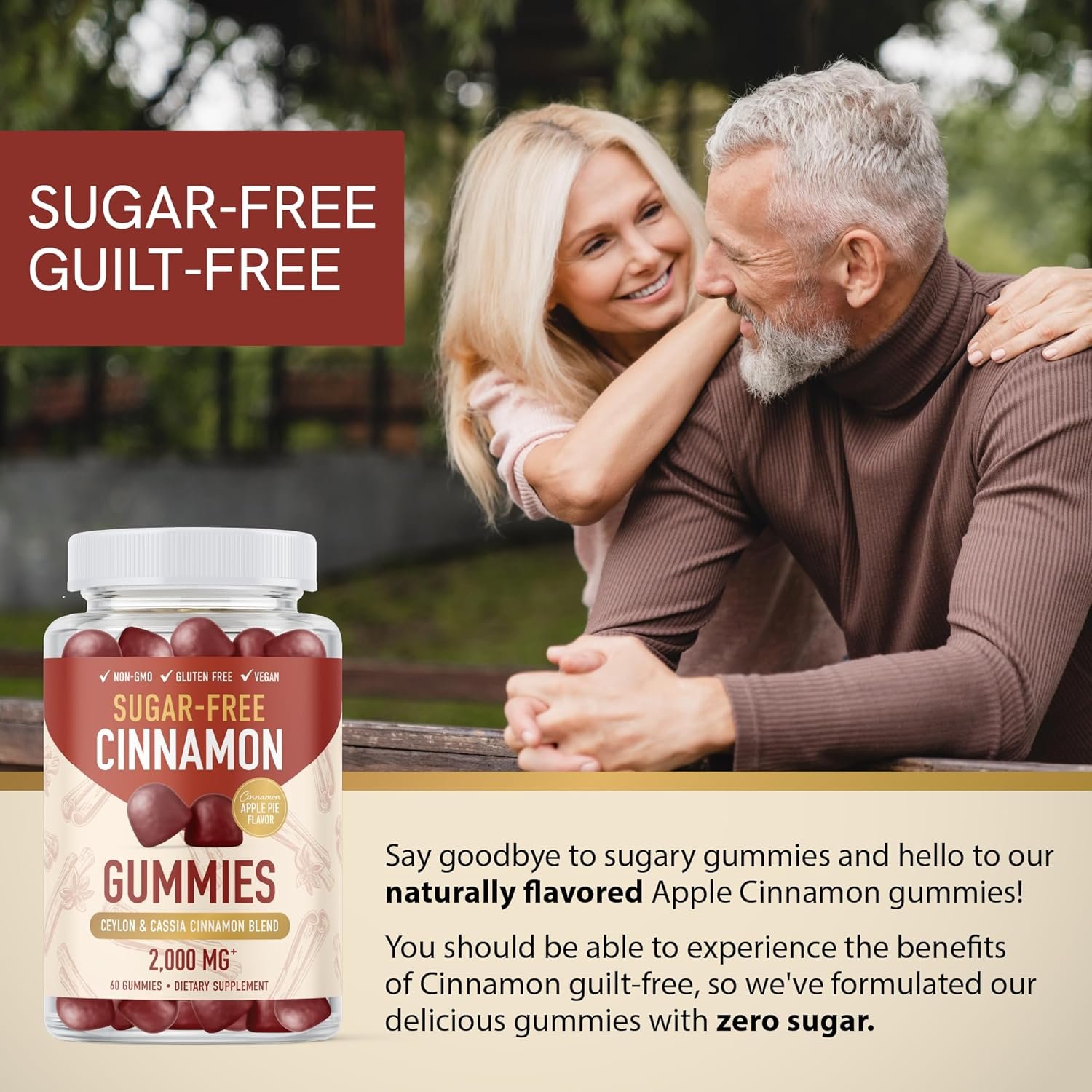 Sugar-Free Cinnamon Gummies 2000MG with Ceylon Cinnamon  Cassia Complex | Sugar-Free Lifestyle Supplement  Guilt-Free Apple Pie Flavor with Chromium | Vegan, Non-GMO, Gluten-Free | 60 Gummies