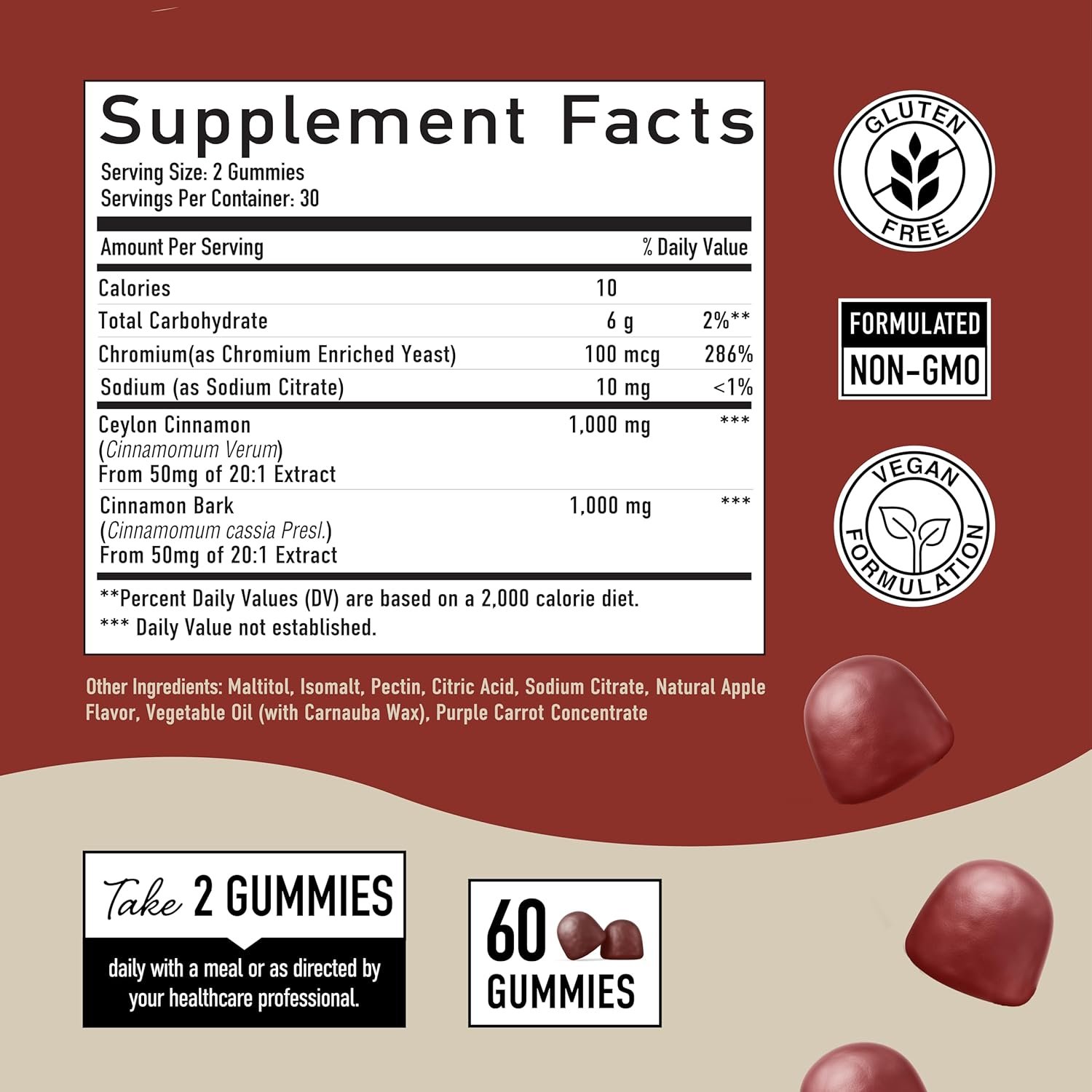 Sugar-Free Cinnamon Gummies 2000MG with Ceylon Cinnamon  Cassia Complex | Sugar-Free Lifestyle Supplement  Guilt-Free Apple Pie Flavor with Chromium | Vegan, Non-GMO, Gluten-Free | 60 Gummies