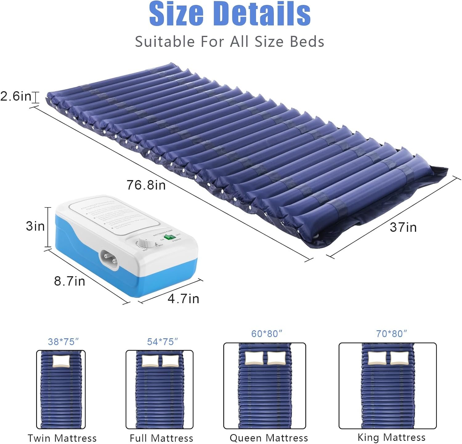 Alternating Air Pressure Mattress, Waterproof, 72.8L x 33.5W x 2.6H, 300 lbs, Quiet Pump System, Fits Most Bed Sizes
