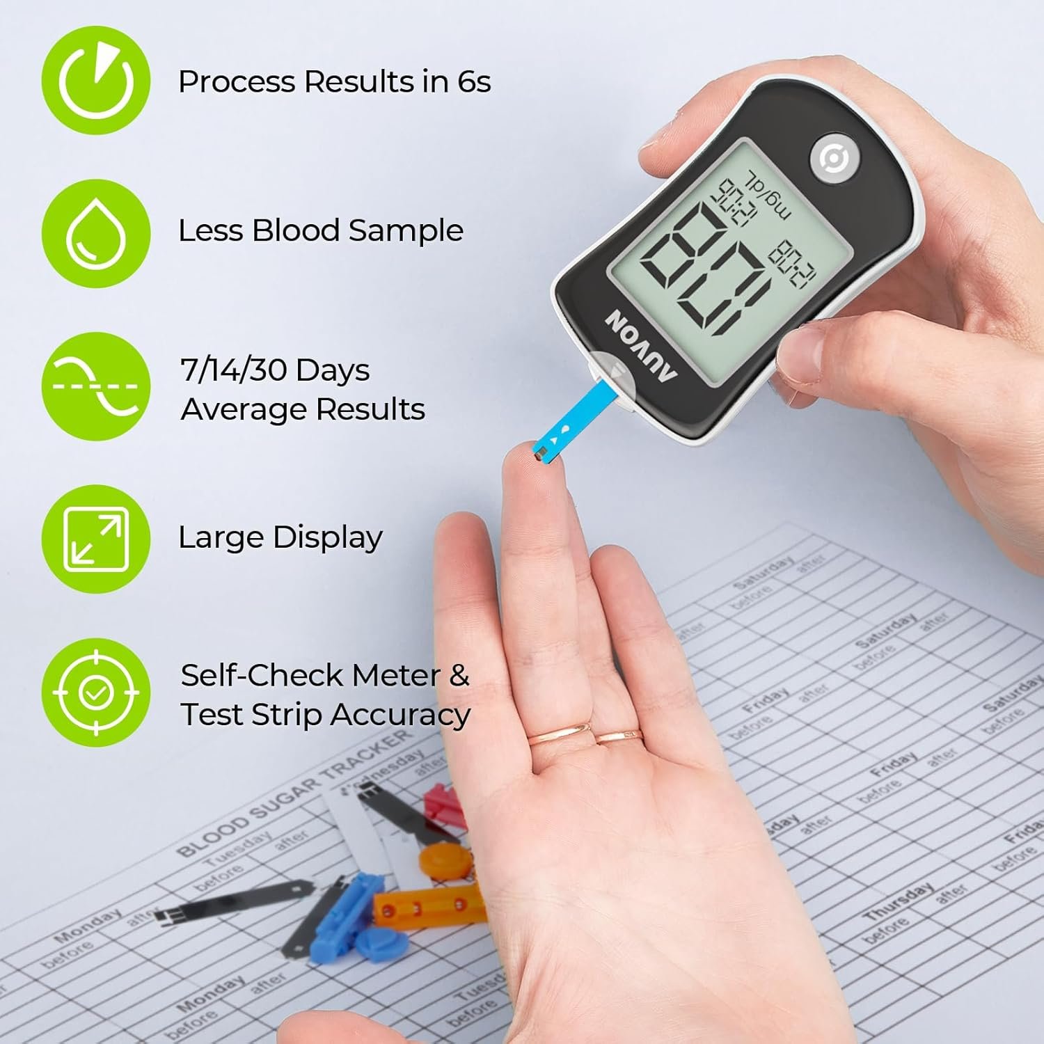 AUVON Blood Glucose Monitor Kit, 150 Glucometer Strips, 150 Lancets, 1 Blood Sugar Monitor, 1 Painless Lancing Device, 1 Control Solution, DS-W Blood Sugar Testing Kit with No Coding, Large Display