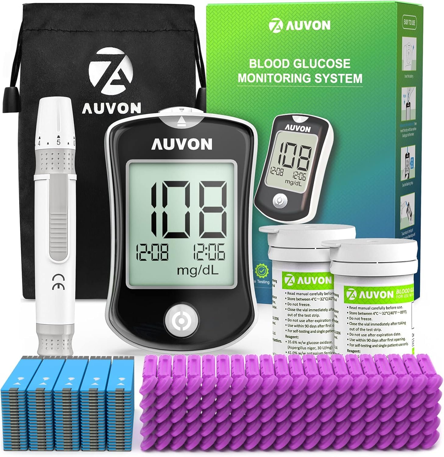 AUVON Blood Glucose Monitor Kit for Accurate Test, Diabetes Testing Kit with 100 Glucometer Strips, 100 30G Lancets and Lancing Devices, DS-W Portable Sugar Test Kit, No Coding  FSA/HSA Eligible