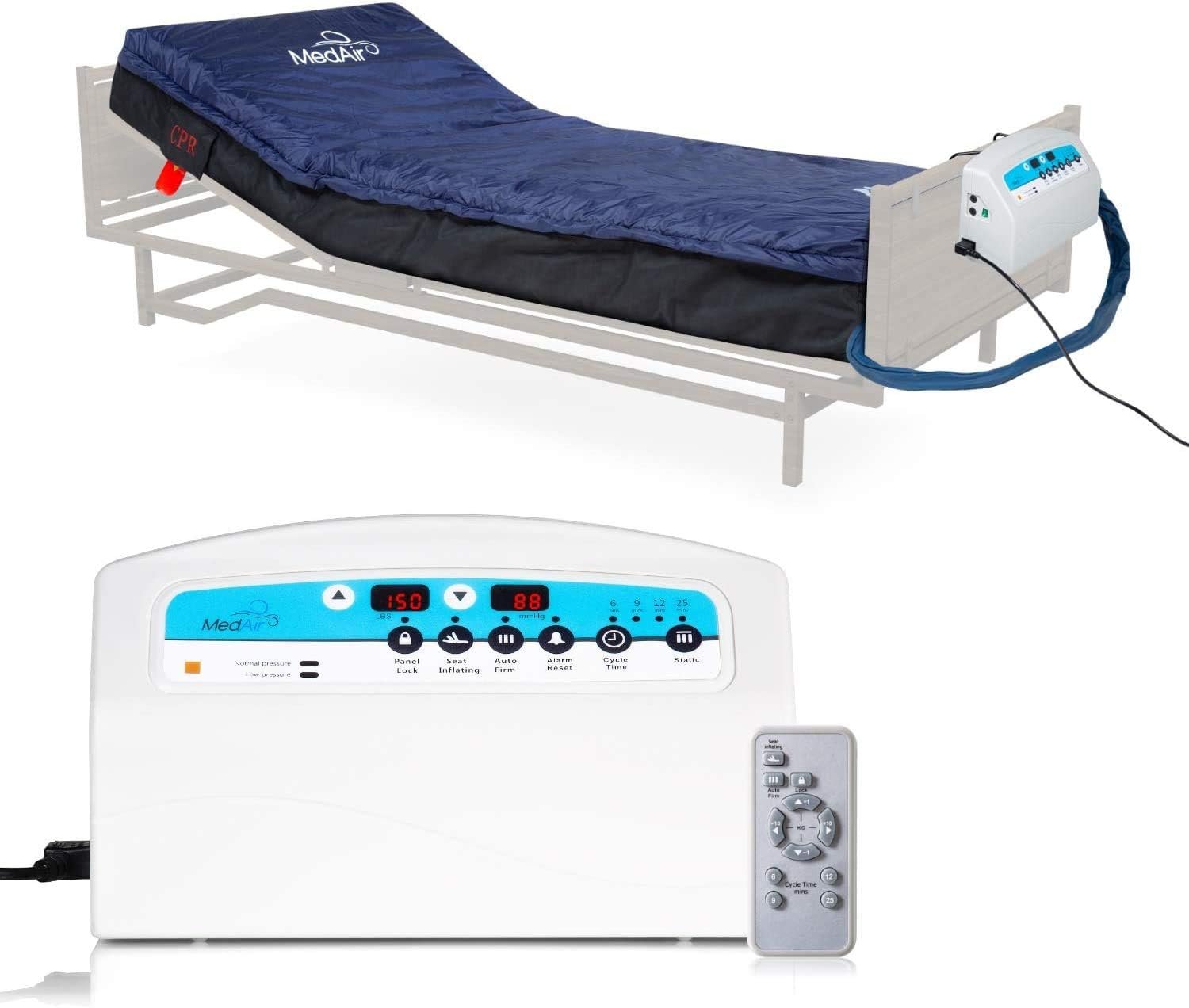 Medical MedAir Low Air Loss Mattress Replacement System with Alarm, 8 with Quilted Cover Fully Digital with Remote Control, Firm Option, Blue Color.