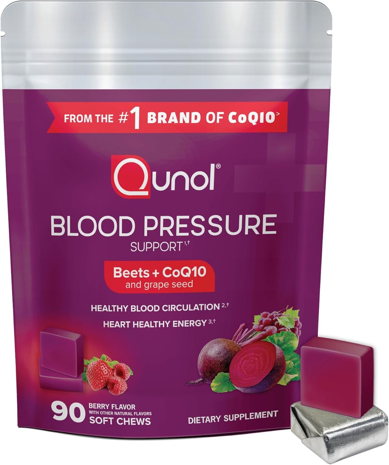 Qunol Beets Chews for Blood Pressure Support, 3 in 1 Beets + CoQ10 + Grape Seed Extract, Supports Healthy Blood Circulation  Heart Healthy Energy, 90 Chews