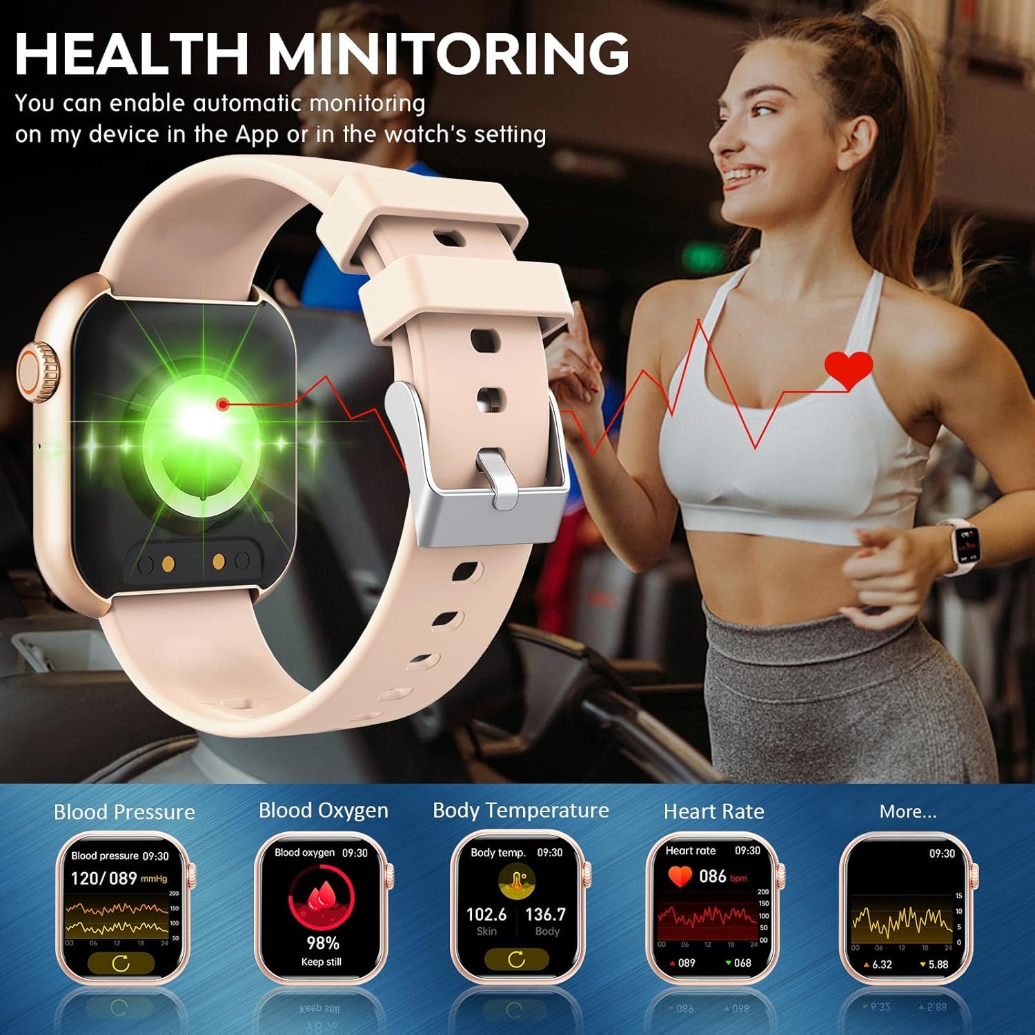Smart Watch for Men Women, 1.88 Smartwatch with Blood Pressure Monitor Heart Rate Monitor Body Temperature Bluetooth Watch (Make/Answer Call), IP67 Waterproof Smart Watch for Android iOS Phones Gold