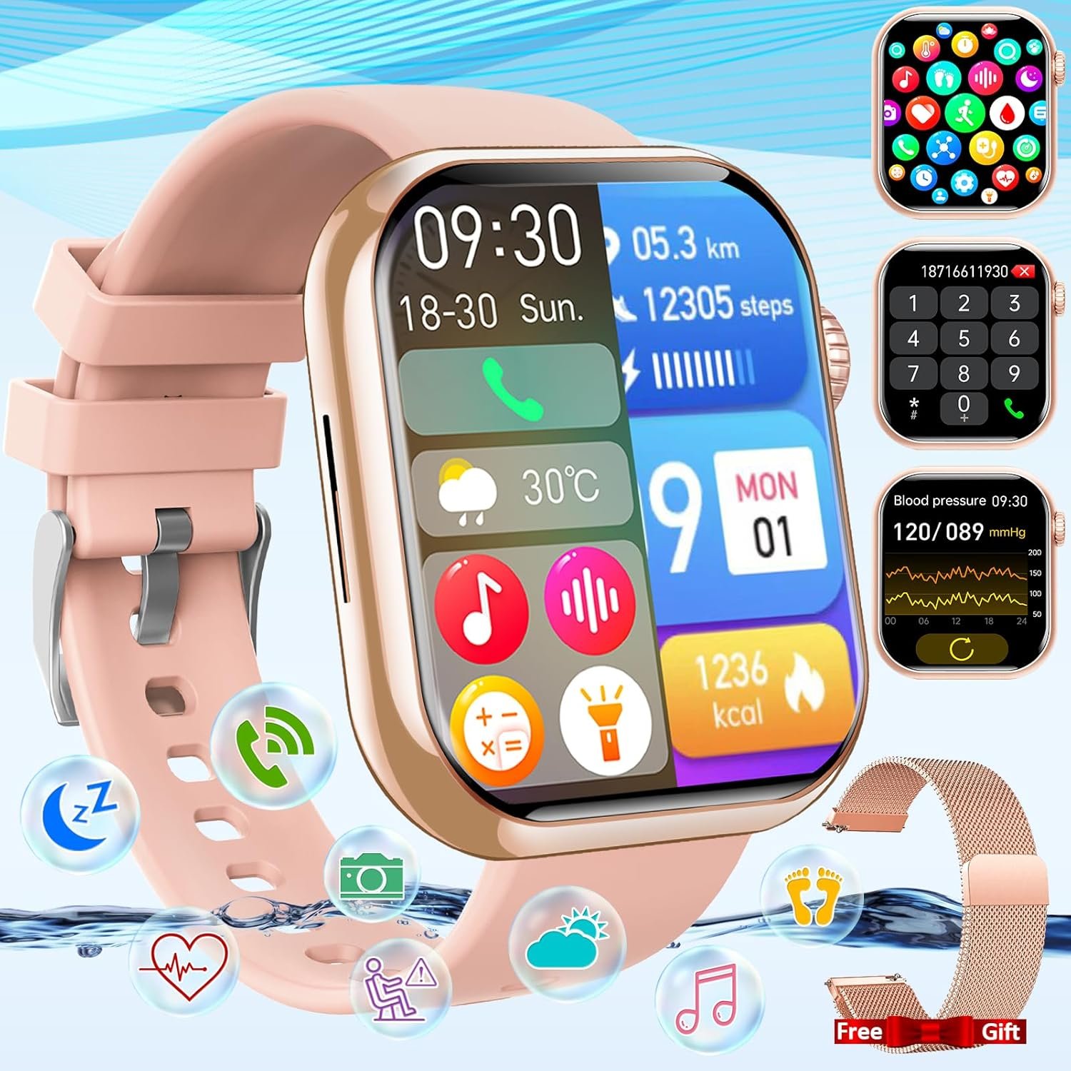 Smart Watch for Men Women, 1.88 Smartwatch with Blood Pressure Monitor Heart Rate Monitor Body Temperature Bluetooth Watch (Make/Answer Call), IP67 Waterproof Smart Watch for Android iOS Phones Gold