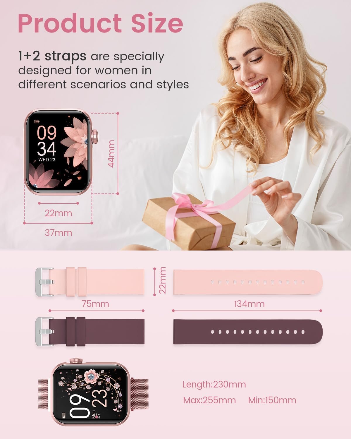 Smart Watches for Women,Fitness Tracker Smartwatch for Android Phones/iPhone Compatible,1.85 Womens Watch with Blood Pressure Monitor,Calls and Messages/Heart Rate/Sleep/Female Cycle(3 Watch Bands)