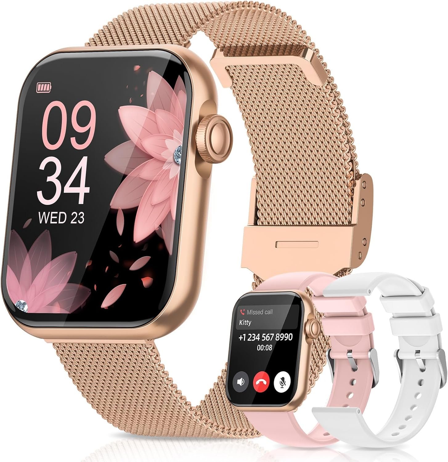 Smart Watches for Women,Fitness Tracker Smartwatch for Android Phones/iPhone Compatible,1.85 Womens Watch with Blood Pressure Monitor,Calls and Messages/Heart Rate/Sleep/Female Cycle(3 Watch Bands)