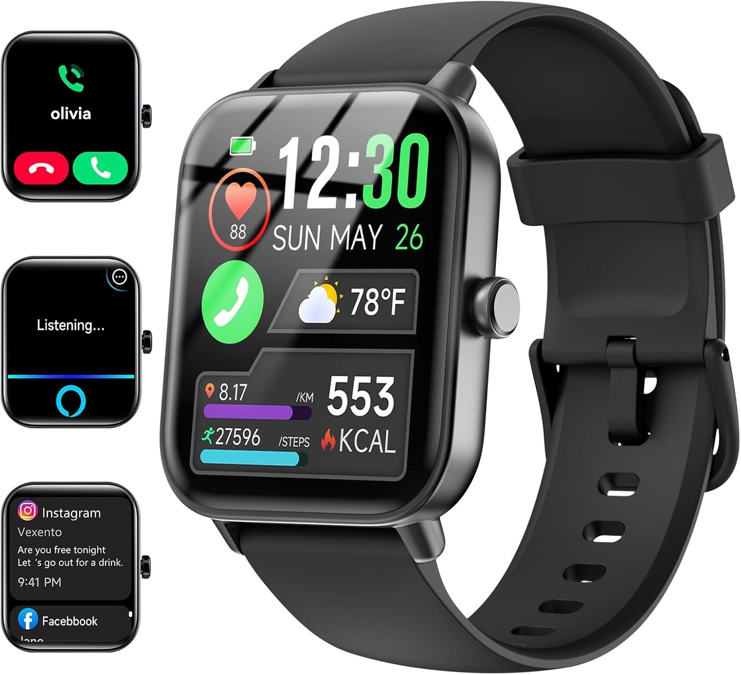 Smartwatch for Men Women, Alexa Built-in, 1.8 Fitness Tracker, IP68 Waterproof Smartwatch for Android  iPhone with Bluetooth Call (Answer/Make), Heart Rate/SpO2/Sleep Monitor/Pedometer, Black