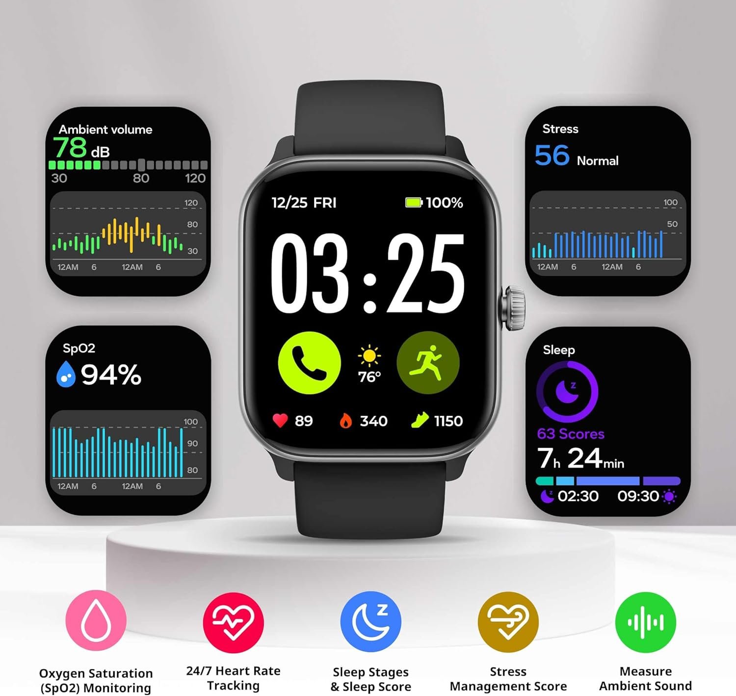 Spade  Co Health Smartwatch 4 - Smartwatch for Men  Women, Heart Rate, Sleep  SpO2 Monitor, Pedometer, Fitness Tracker, Answer/Make Calls IP68 Waterproof iOS  Android Compatible