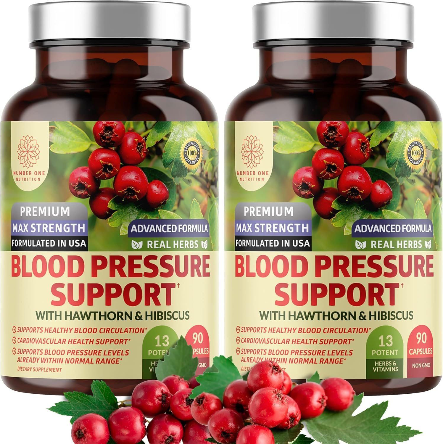 2-Pack N1N Premium Blood Pressure Support with Hawthorn and Hibiscus [13 Potent Ingredients], Natural Supplement to Support Blood Flow Health, 180 Caps