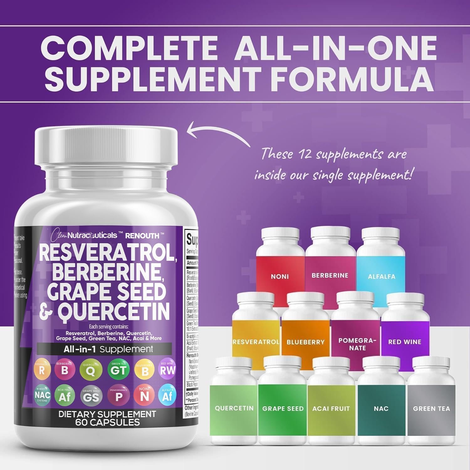 Clean Resveratrol Supplement | Berberine Grape Seed Extract Quercetin Green Tea Extract Acai Noni Polyphenol Supplement for Women  Men Anti Aging N-Acetyl Cysteine NAD Booster