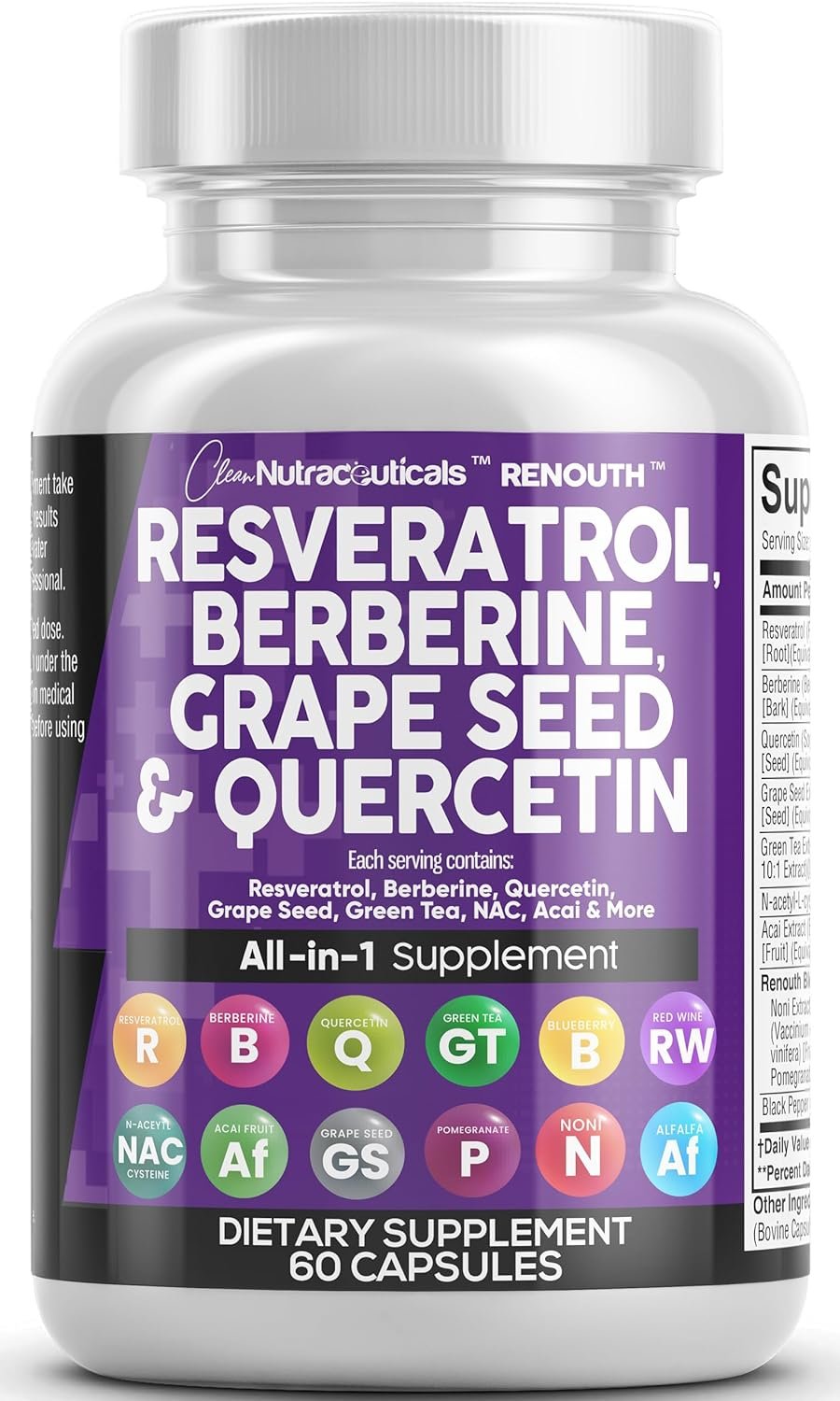 Clean Resveratrol Supplement | Berberine Grape Seed Extract Quercetin Green Tea Extract Acai Noni Polyphenol Supplement for Women  Men Anti Aging N-Acetyl Cysteine NAD Booster