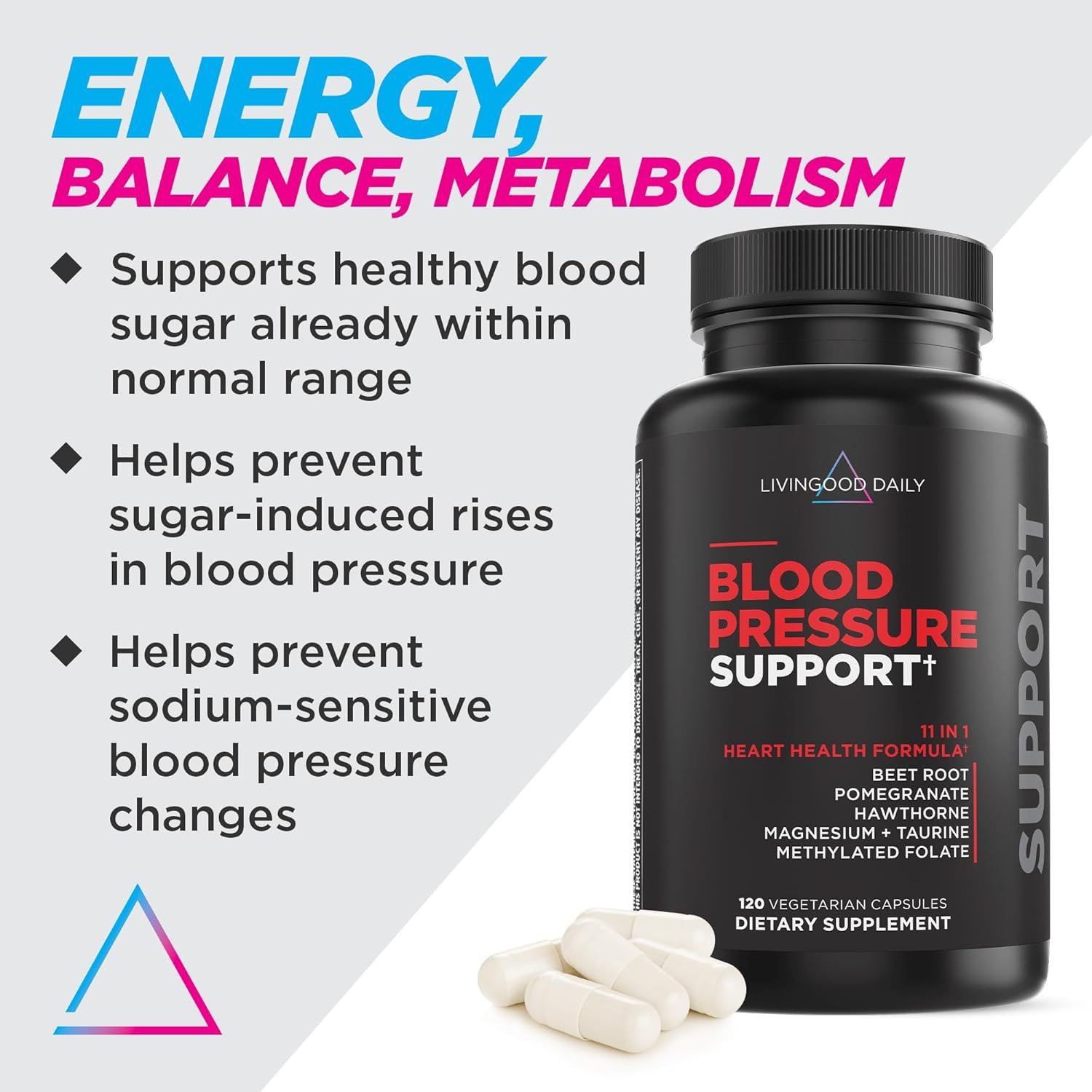 Livingood Daily Blood Pressure Support, 120 Vegetarian Capsules - Blood Pressure Supplements with Beet Root, Pomegranate,  Hawthorn Support High Blood Pressure  Heart Health - Vegan  Non-GMO