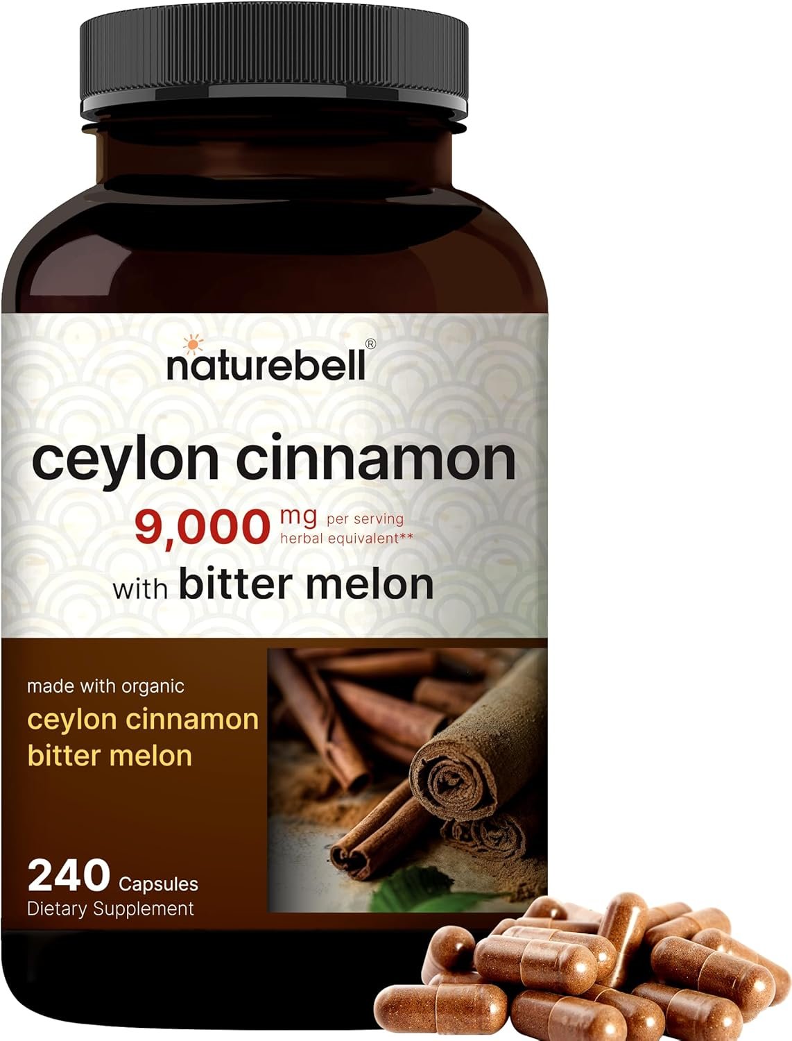 NatureBell Ceylon Cinnamon 9,000mg Per Serving, 240 Capsules | Made with Organic Sri Lanka Ceylon Cinnamon and Organic Bitter Melon, 2 in 1 Support – Non-GMO, No Gluten