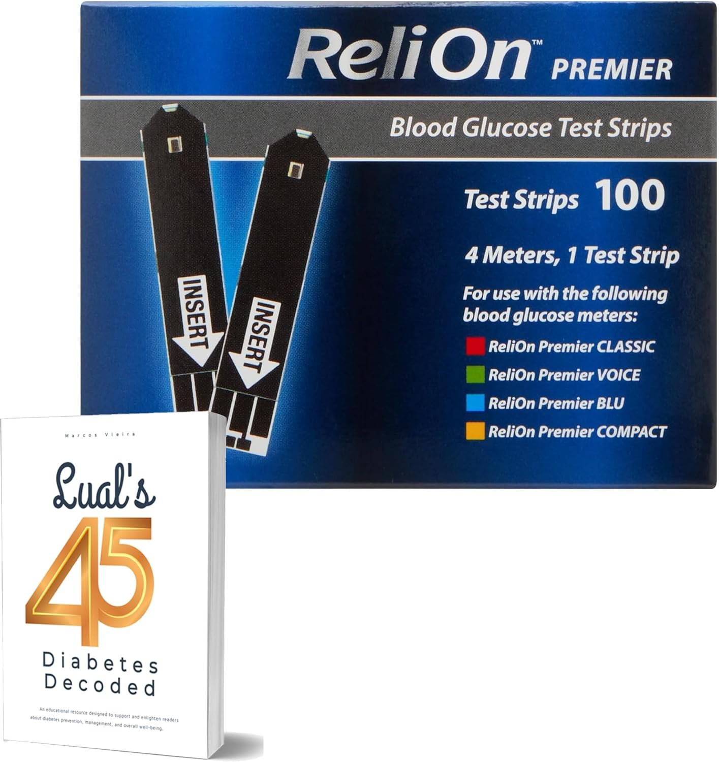 ReliOn Premier Test Strips 100 Count | Reli On Premier Blood Glucose Test Strips | Diabetes Test Strips | Tiras para Medir la Glucosa + Luals 45 Diabetes Decoded