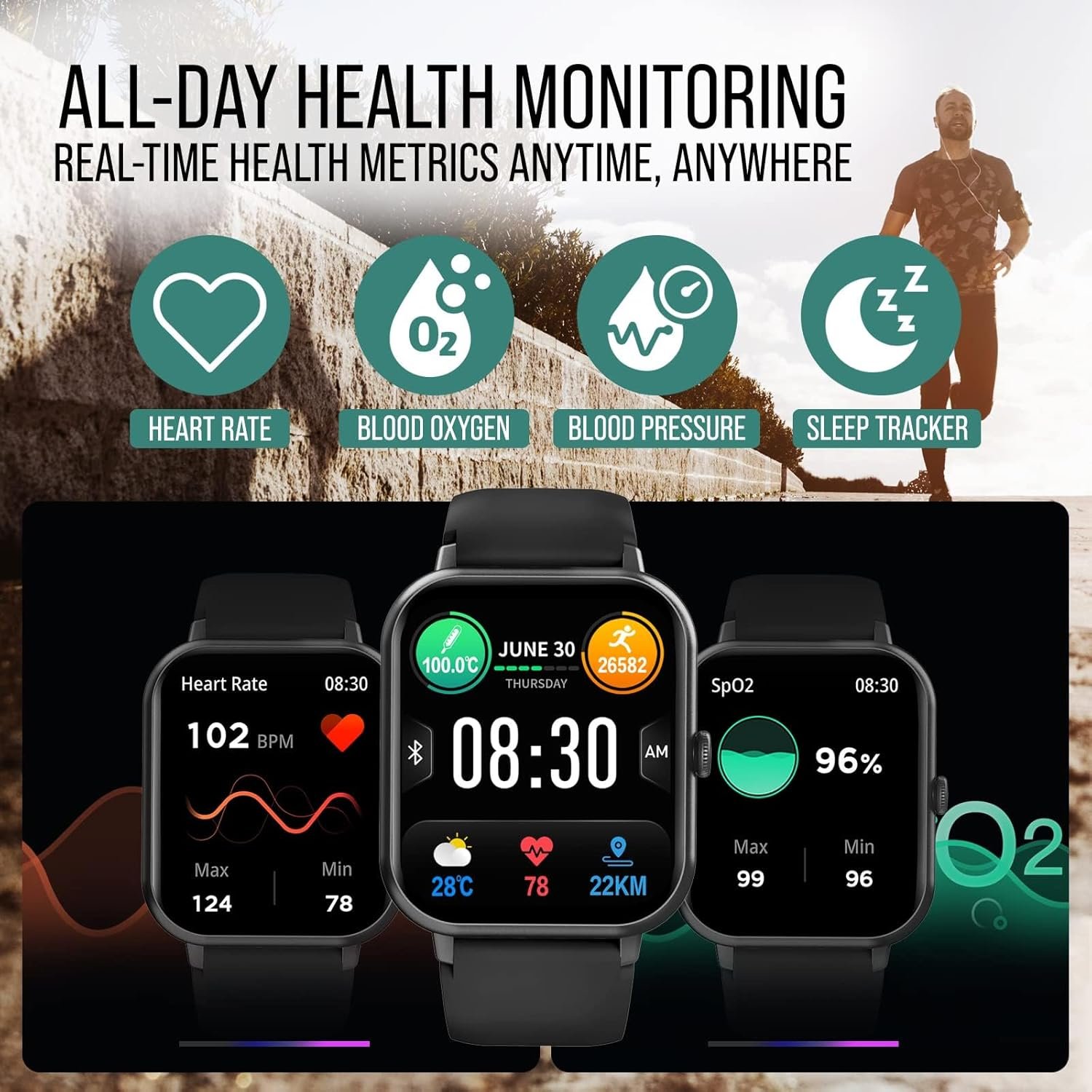 Smart Watch (Answer/Make Calls) 1.83 Fitness Tracker Heart Rate Blood Pressure Oxygen Sleep Monitor 200 Sport Modes Step Calories Trackers IP67 Waterproof Android iPhone Women Men (Black)