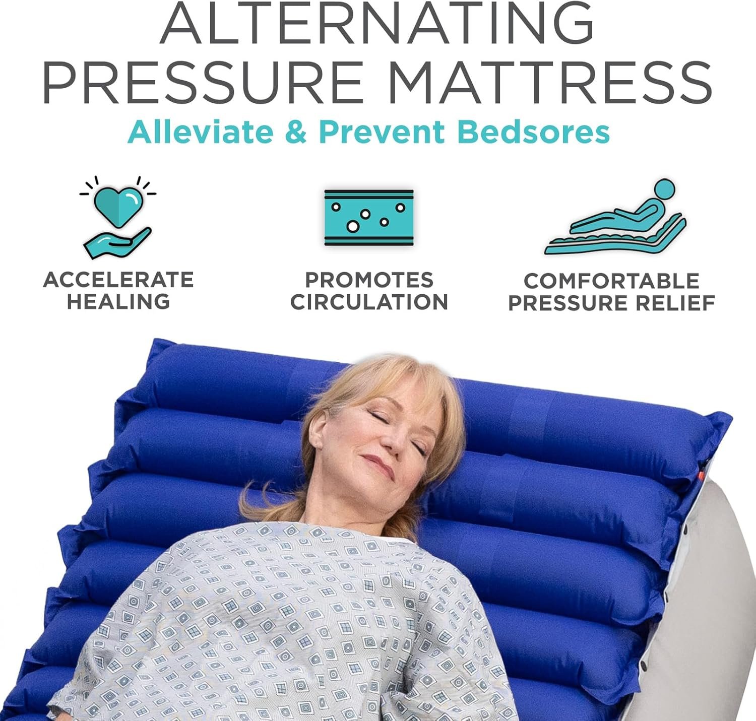 Vive 5 Alternating Pressure Mattress - Air Topper Pad for Bed Sore, Ulcer Prevention, Bedridden Treatment - Inflatable, Quiet Alternative Cover - Fits Hospital Bed - Includes Electric Pump System