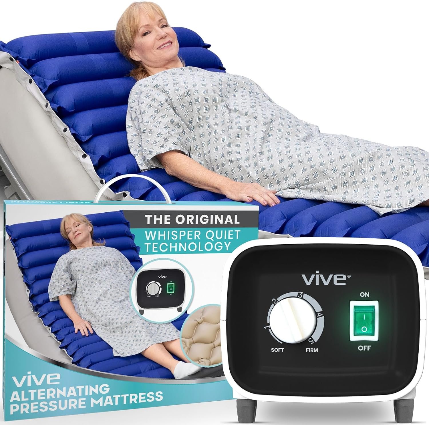 Vive 5 Alternating Pressure Mattress - Air Topper Pad for Bed Sore, Ulcer Prevention, Bedridden Treatment - Inflatable, Quiet Alternative Cover - Fits Hospital Bed - Includes Electric Pump System