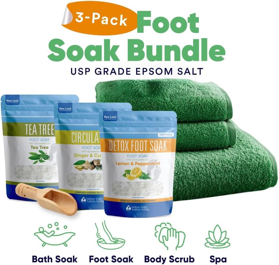 2 Pack Foot Soak Salts Bundle for DIY Foot Spa with Bamboo Scoop (2 lbs Each 4 lbs Total) for Discomfort and Dry Skin Made in USA with BPA Free Easy Lock Pouch