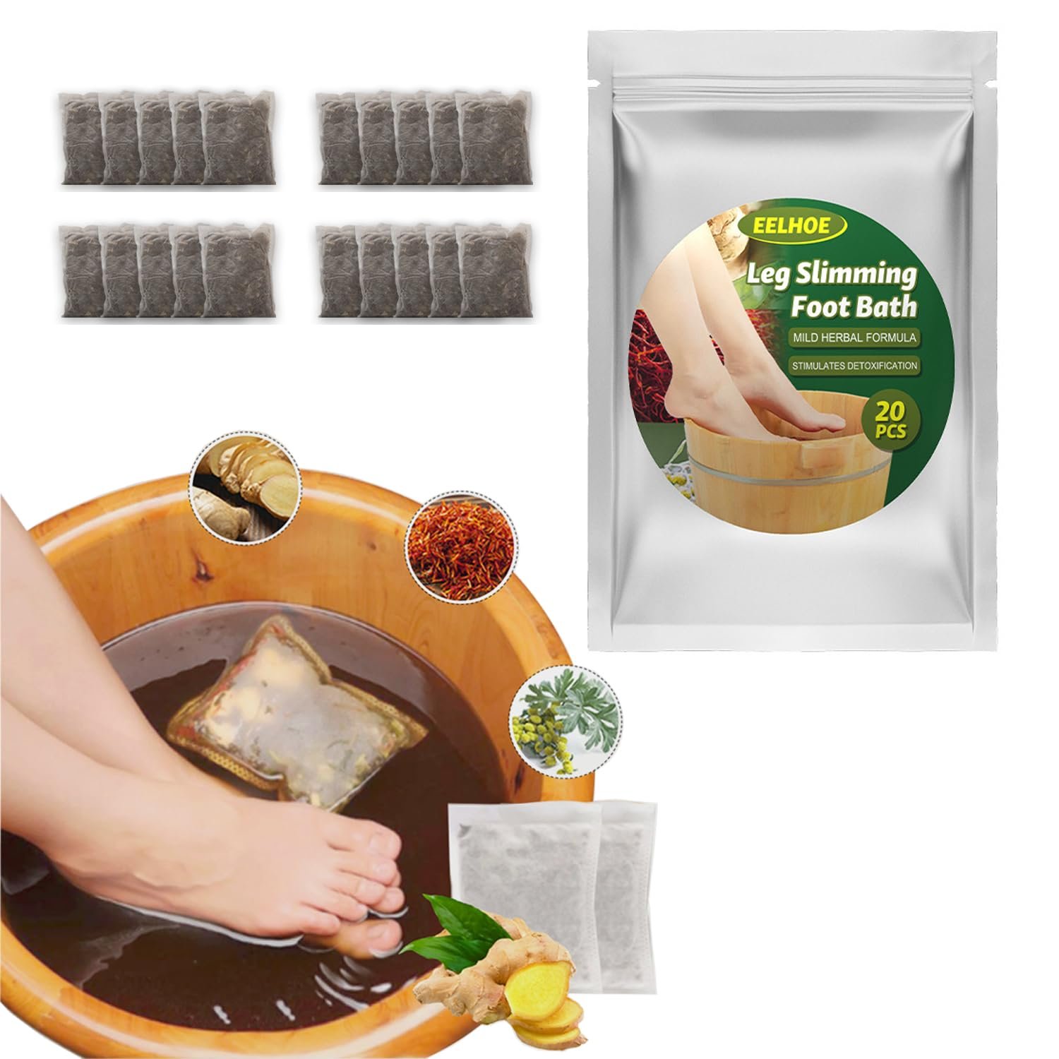 20PCS Lymphatic Drainage Ginger Foot Soak, Foot Care Spa Relaxation for Muscles, Natural Mugwort Herb Foot Soak, Leg Slimming Foot Bath Bag 1