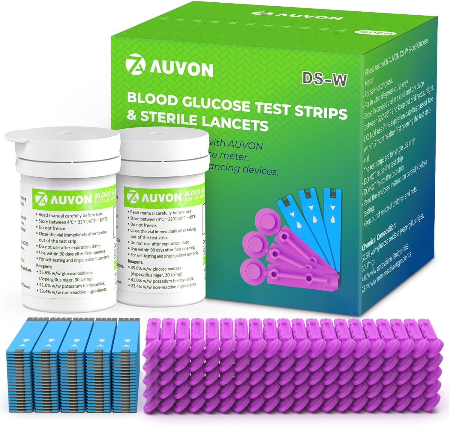 AUVON Blood Glucose Test Strips  Diabetic Lancets Kit, 100 Test Strips for Diabetes, 30 Gauge 100 Lancets for Blood Testing with Less Pain, Fit AUVON DS-W Glucose Meter