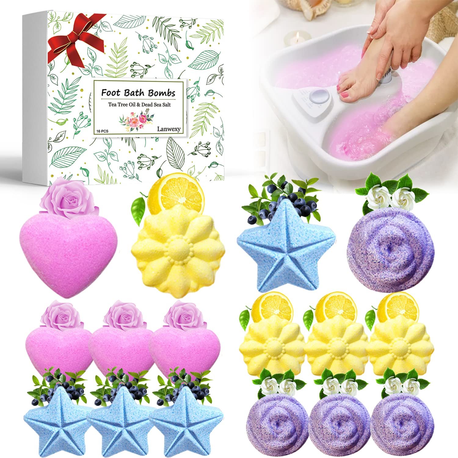 Bath Foot Bombs, 16 Pack Foot Soak with Bath Salt and Tea Tree Oil. Organic Natural Handmade Aroma Pure Essential Oil Bubble Foot Balls for Foot Callus, Dry Cracked, Stubborn Foot Odor Scent.