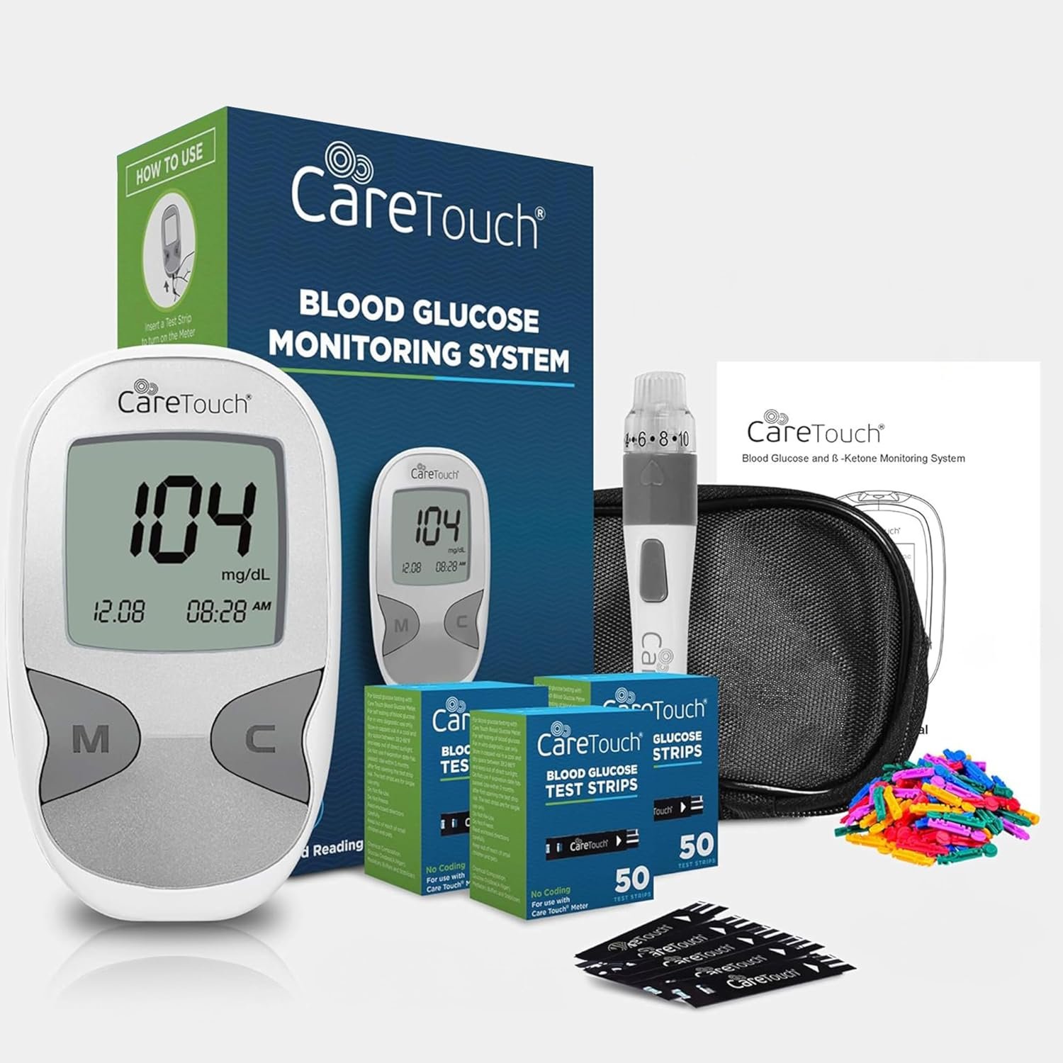 Care Touch Blood Glucose Monitor Kit - Diabetes Testing Kit: 1 Glucometer, 150 Blood Sugar CareTouch Test Strips, 1 Lancing Device, 100 Lancets, Travel Case for Blood Sugar Monitor Kit with Strips
