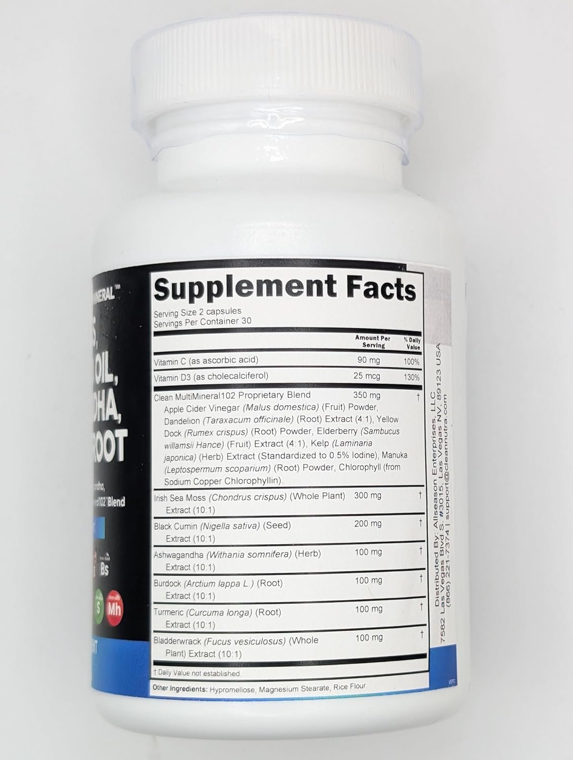 Clean Nutraceuticals Sea Moss Black Seed Oil Ashwagandha Turmeric Bladderwrack Burdock  Vitamin C Vitamin D3 with Elderberry Manuka Dandelion Yellow Dock Iodine Chlorophyll ACV
