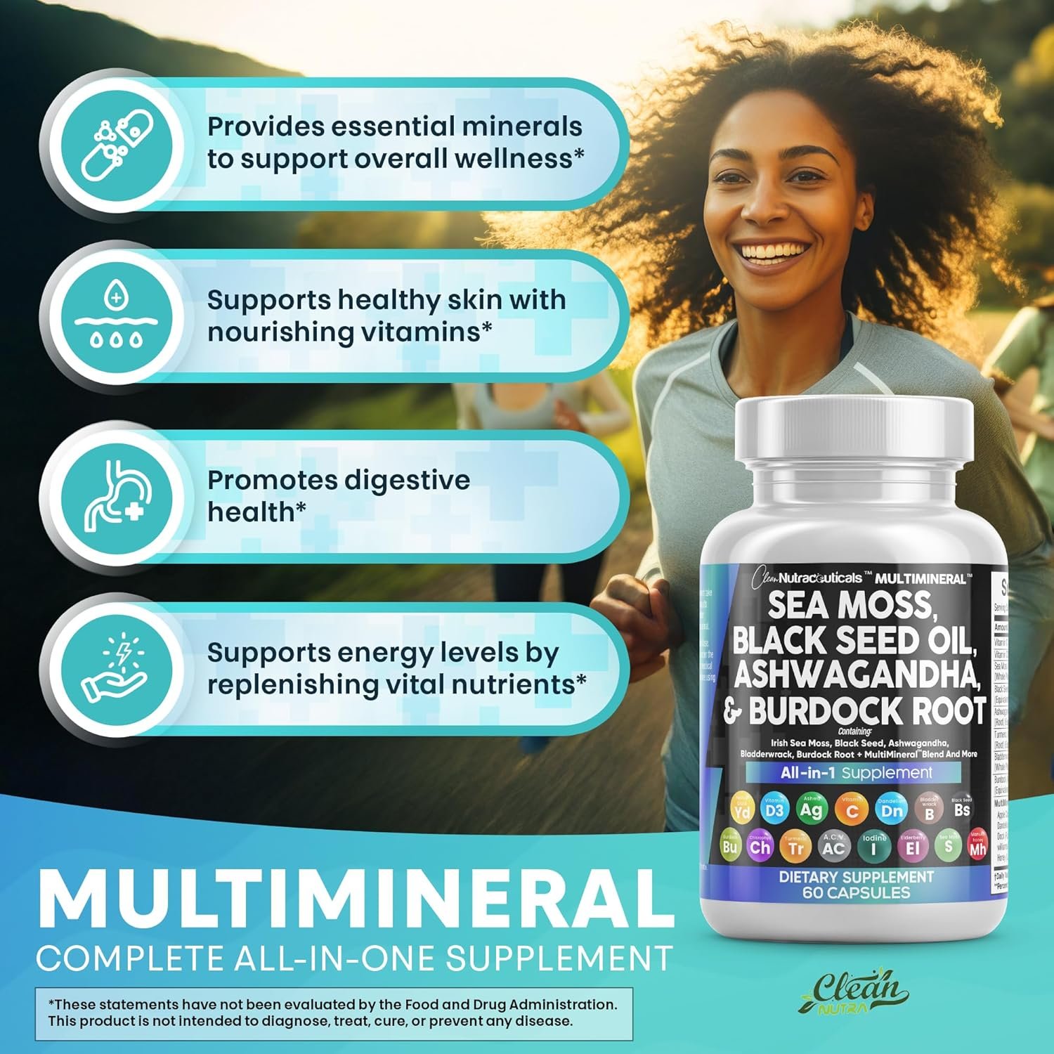 Clean Nutraceuticals Sea Moss Black Seed Oil Ashwagandha Turmeric Bladderwrack Burdock  Vitamin C Vitamin D3 with Elderberry Manuka Dandelion Yellow Dock Iodine Chlorophyll ACV