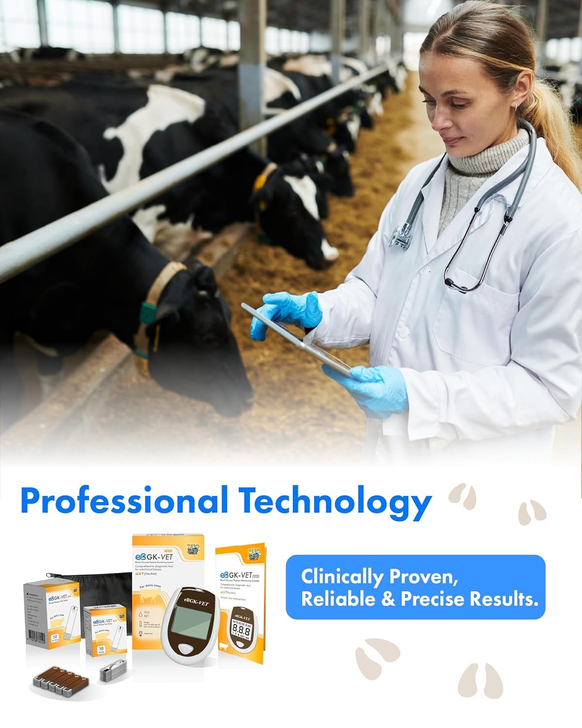 eBGKVET Glucose Ketone 2-in-1 Monitoring Kit Dairy Cows Glucose Ketone 50 Blood Glucose Test Strips, 10 Ketone Test Strips Carrying Case for Animal Care