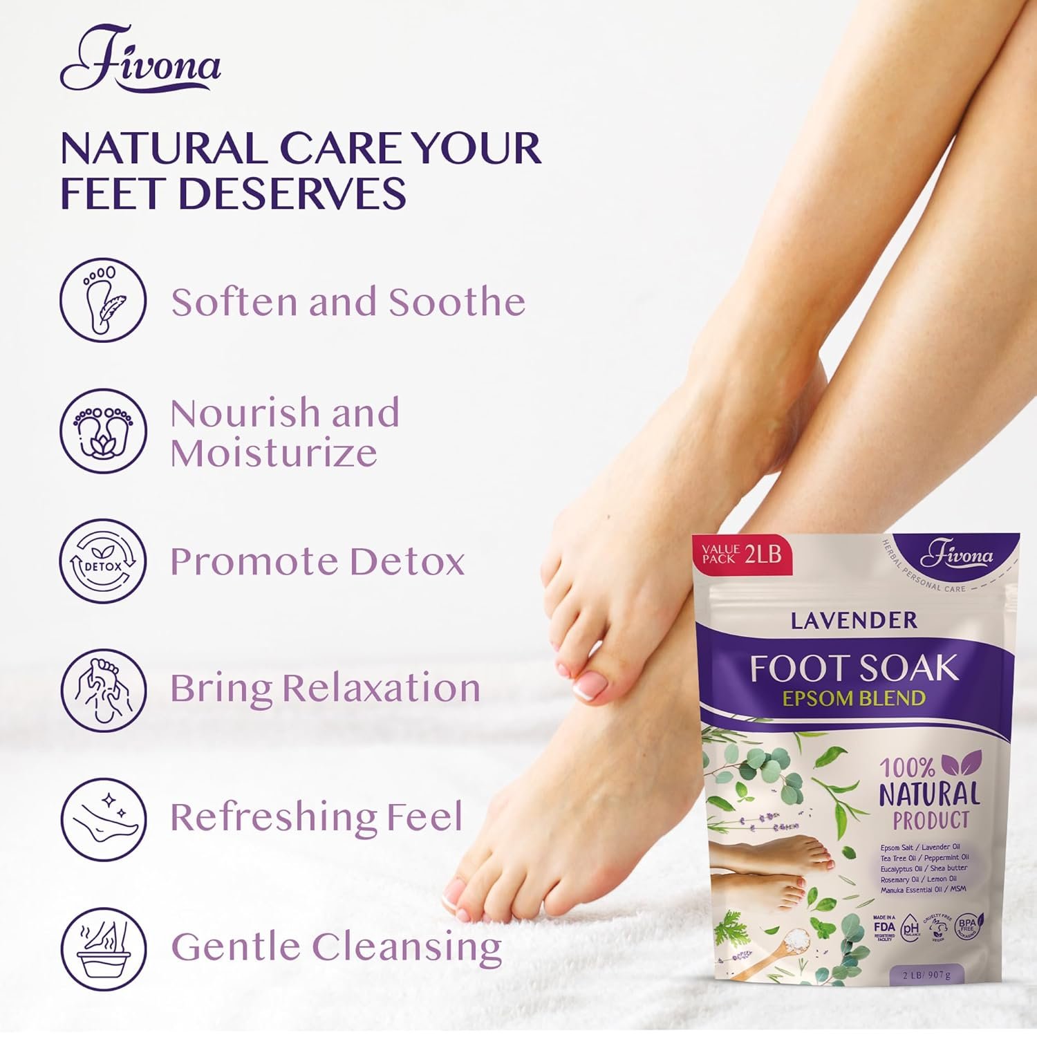 Fivona Foot Soak Blend Epsom Salt with Lavender 14.1 oz - Calming Foot Bath Salt, Relax  Renew Tired Feet, Soothe Soreness, Soften Calluses - Rejuvenating Pedicure Spa at Home
