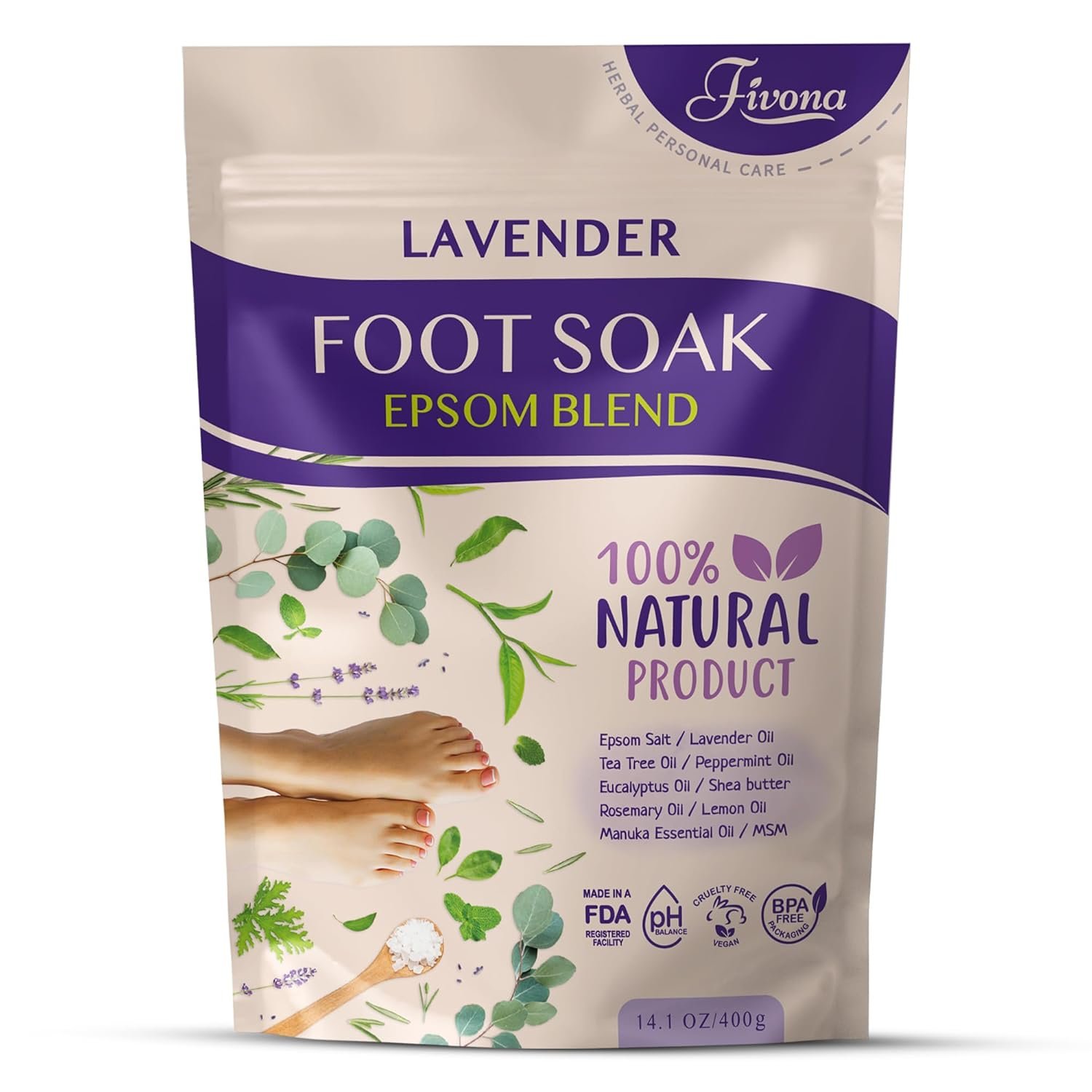 Fivona Foot Soak Blend Epsom Salt with Lavender 14.1 oz - Calming Foot Bath Salt, Relax  Renew Tired Feet, Soothe Soreness, Soften Calluses - Rejuvenating Pedicure Spa at Home