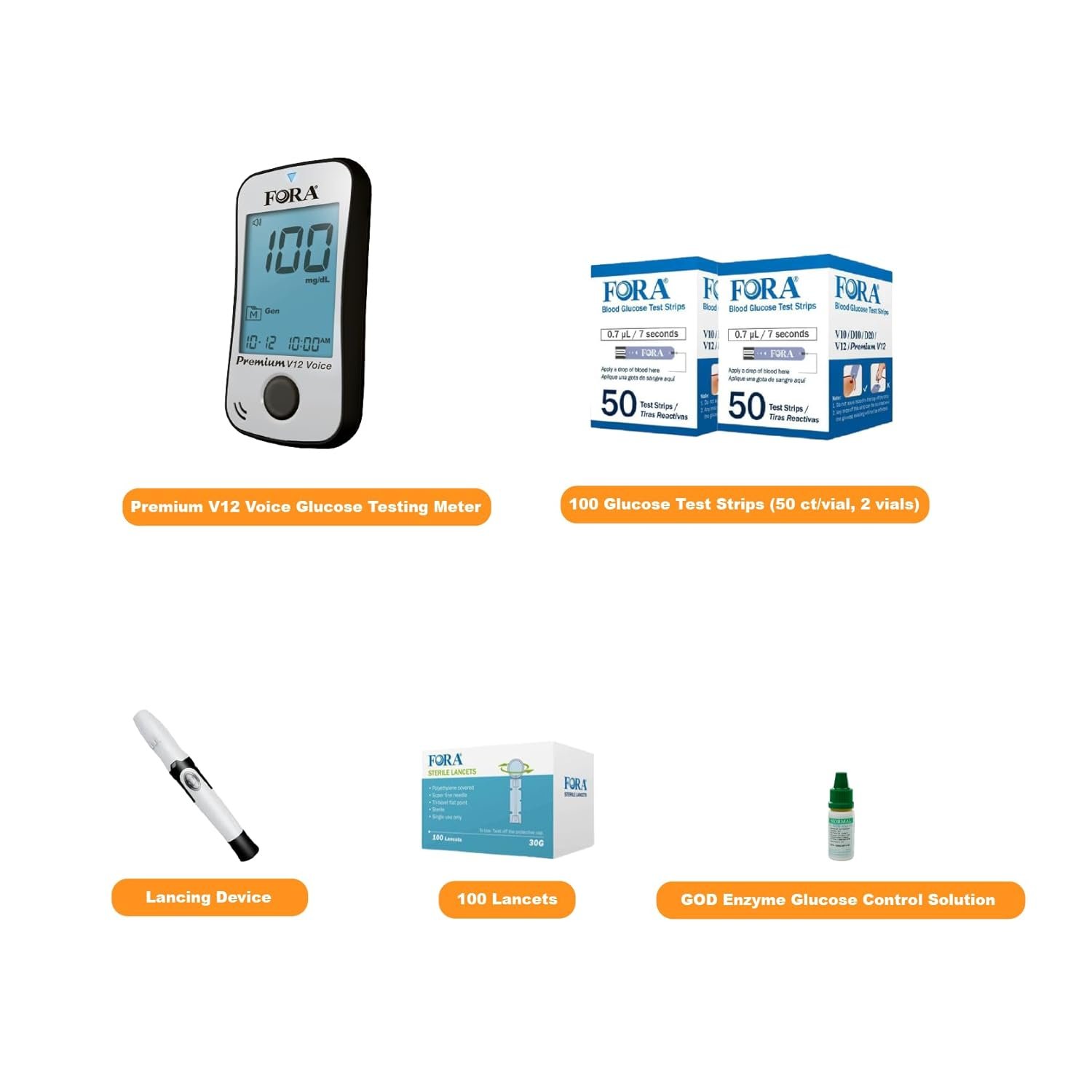 FORA Premium V12 Voice Blood Glucose Testing Kit with 100 Test Strips (Expiring on 6/13/2025), 100 Lancets, 1 Blood Sugar Monitor, 1 Lancing Device, 1 Control Solution
