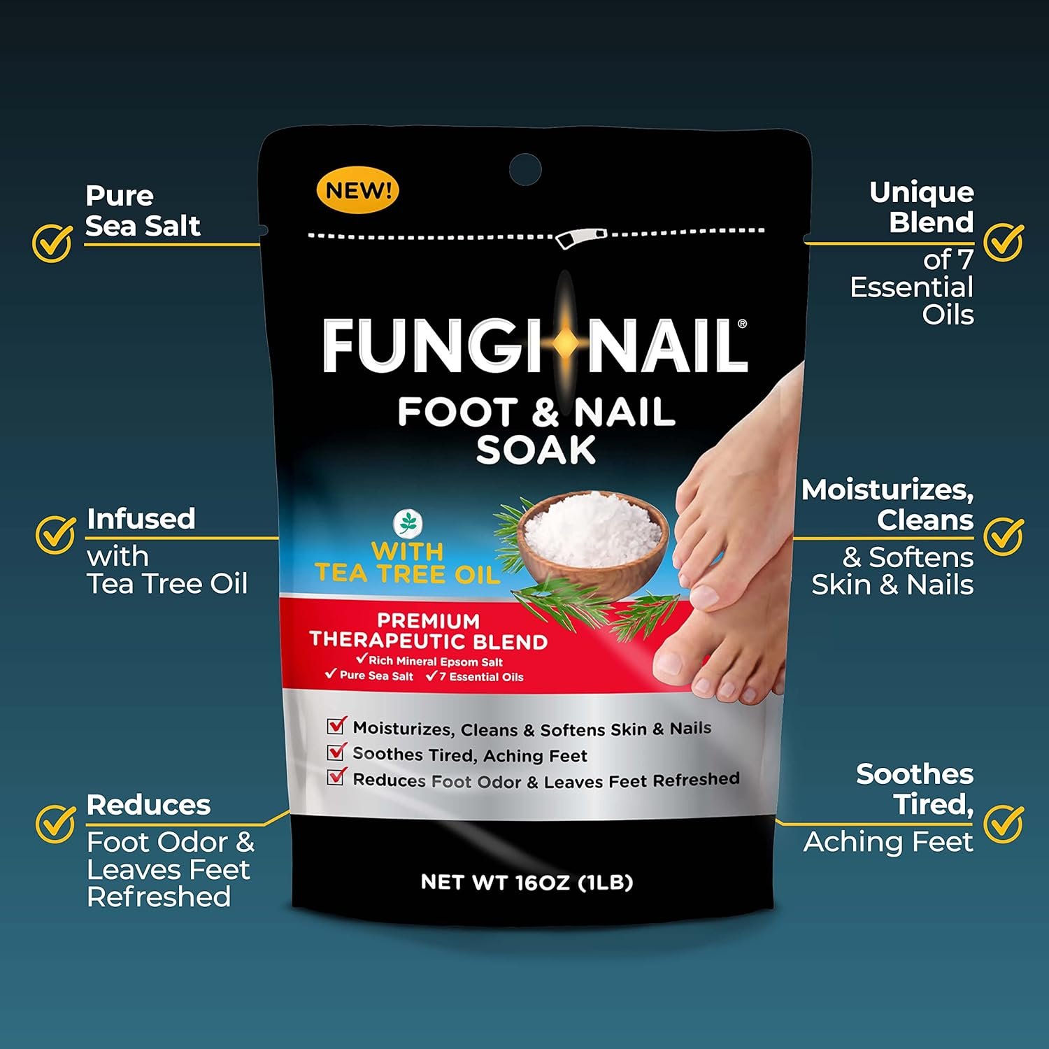 Fungi-Nail Foot  Nail Soak with Tea Tree Oil - Moisturize, Reduce Foot Odor,  Soothe Aching Feet - A Therapeutic Blend of Rich Mineral Epsom Salt, Pure Sea Salt, and 7 Essential Oils - 1 Pound
