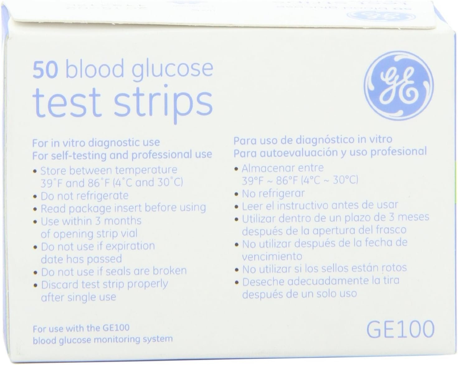 GE100 Blood Glucose Test Strips - 4/Boxes of 50 Strips = 200/Total Strips