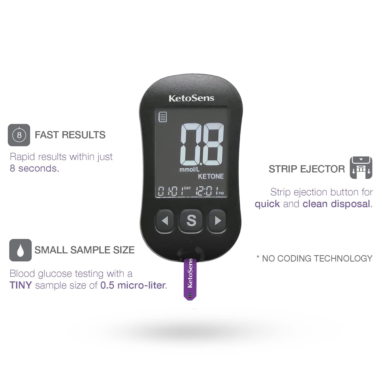KetoSens Blood Ketone Monitoring System Set: Single Meter +50 Ketone Test Strips, 10 Lancets (30G), 1 Lancing Device, 2 Batteries, a Instructions for Use, 1 Logbook, 1 Carrying Case