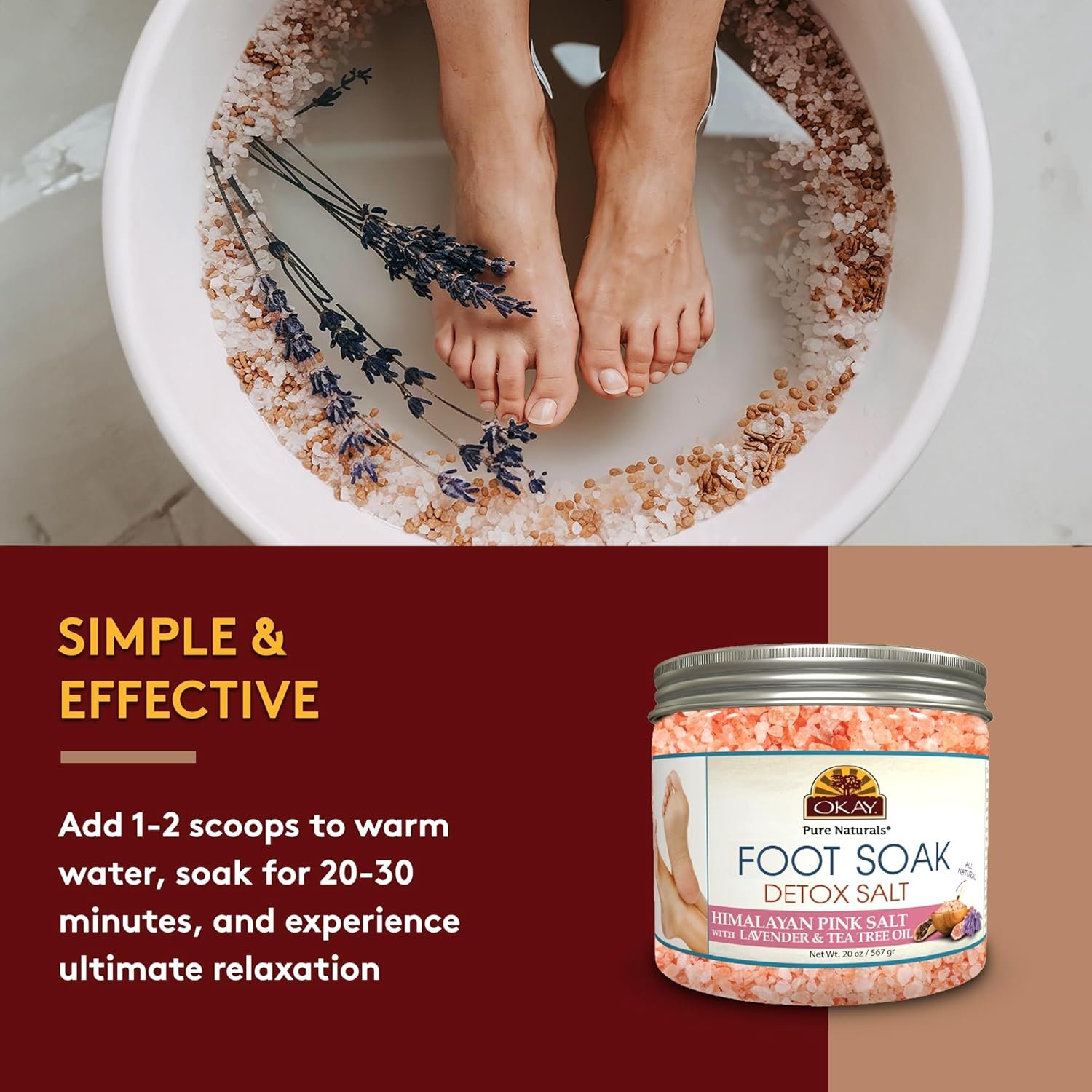 OKAY Foot Soak Detox Salt - Foot Soaking Salts for Dry Cracked Feet with Tea Tree Oil and Lavender Oil, Foot Bath, Pedicure Soak, Great for Men and Women, Athletes - 20 oz (Pack of 1)