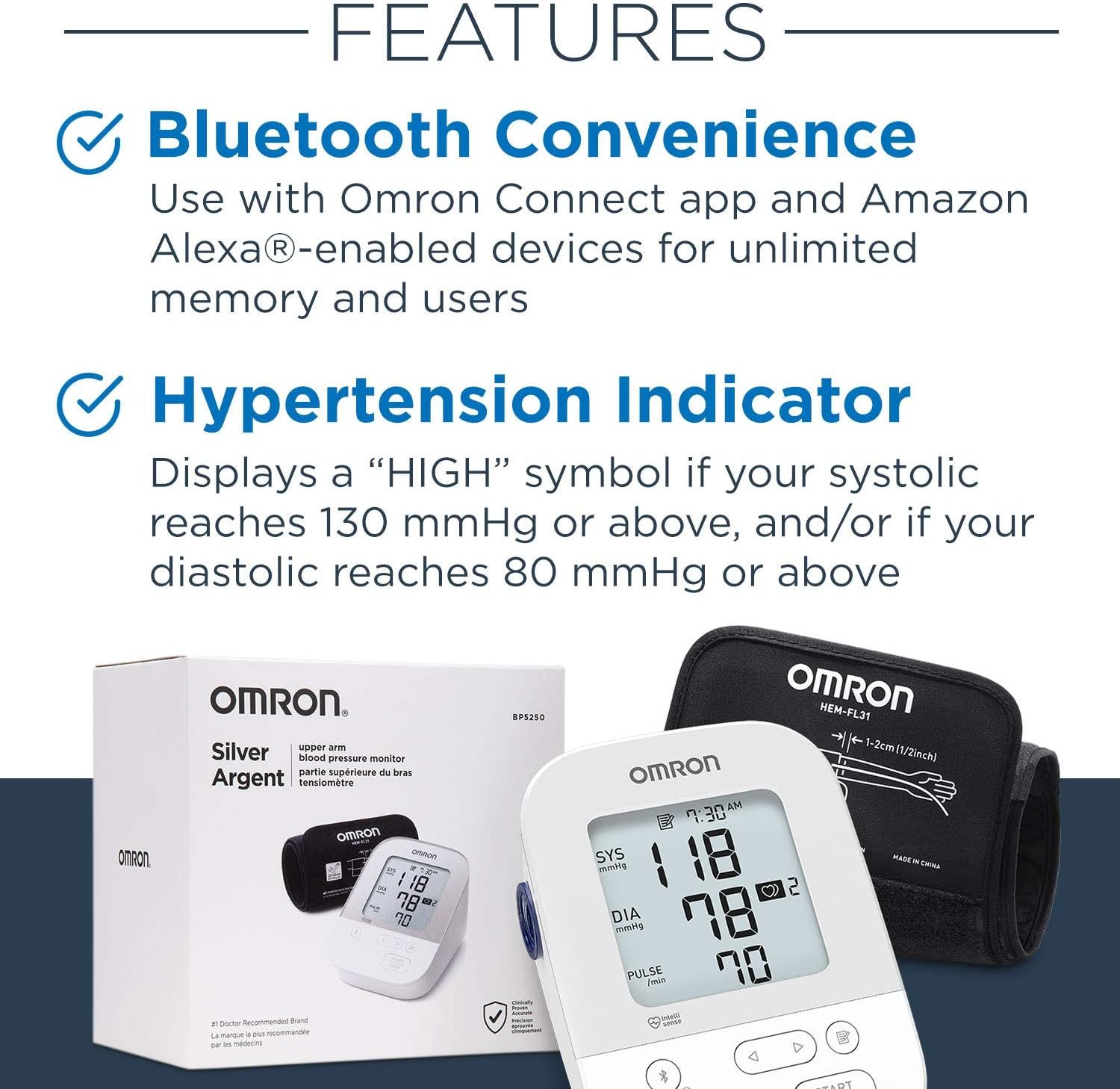 OMRON Silver Upper Arm Blood Pressure Monitor with Large Display, Clinically Validated, Medical Grade, FDA Cleared, FSA/HSA Eligible, Uses OMRON Connect App for Unlimited Free Measurements