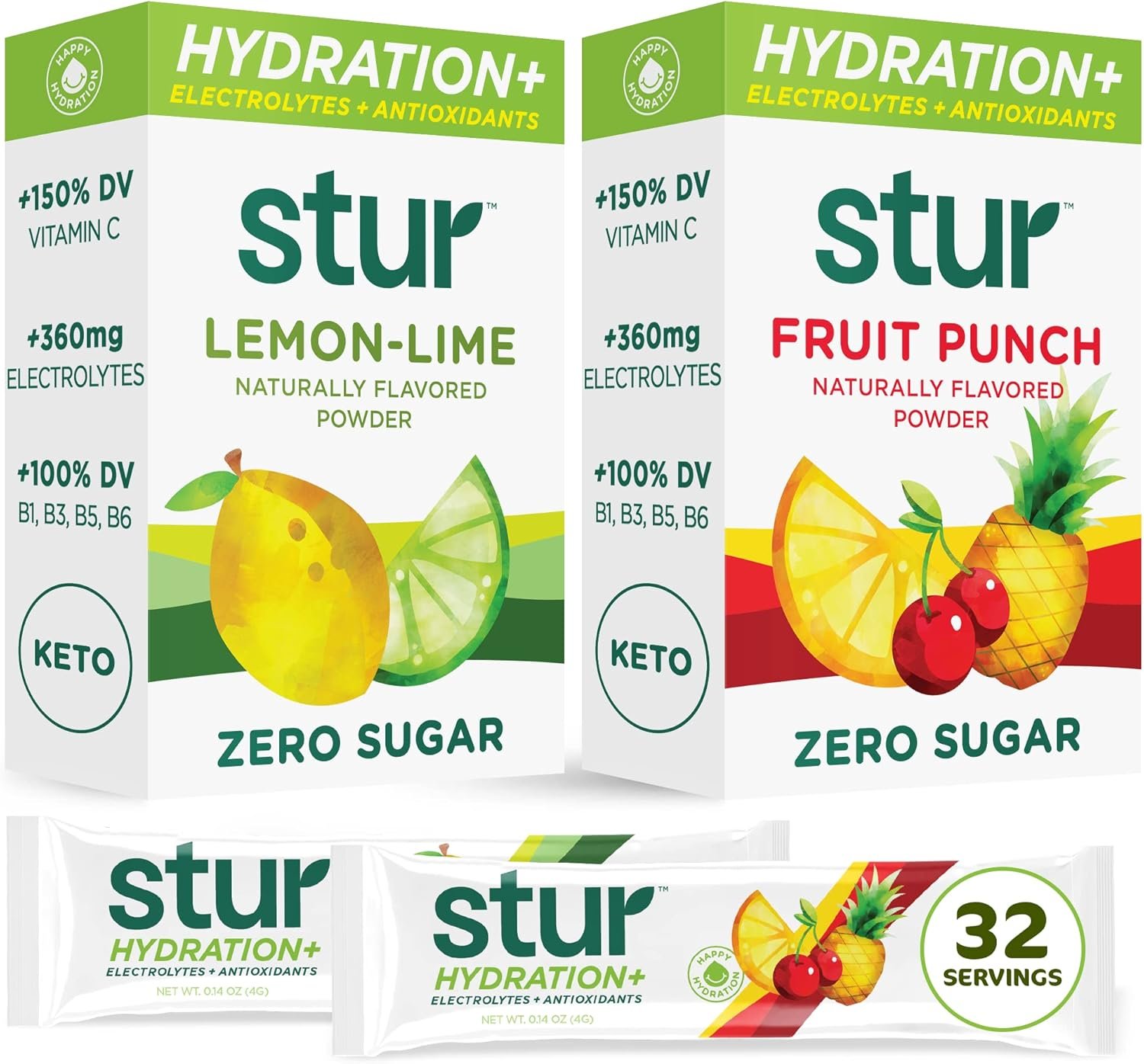 Stur Electrolyte Hydration Powder | Variety Pack| High Antioxidants  B Vitamins | Sugar Free | Non-GMO | Daily Hydration  Workout Recovery | Keto | Paleo | Vegan (32 Packets)
