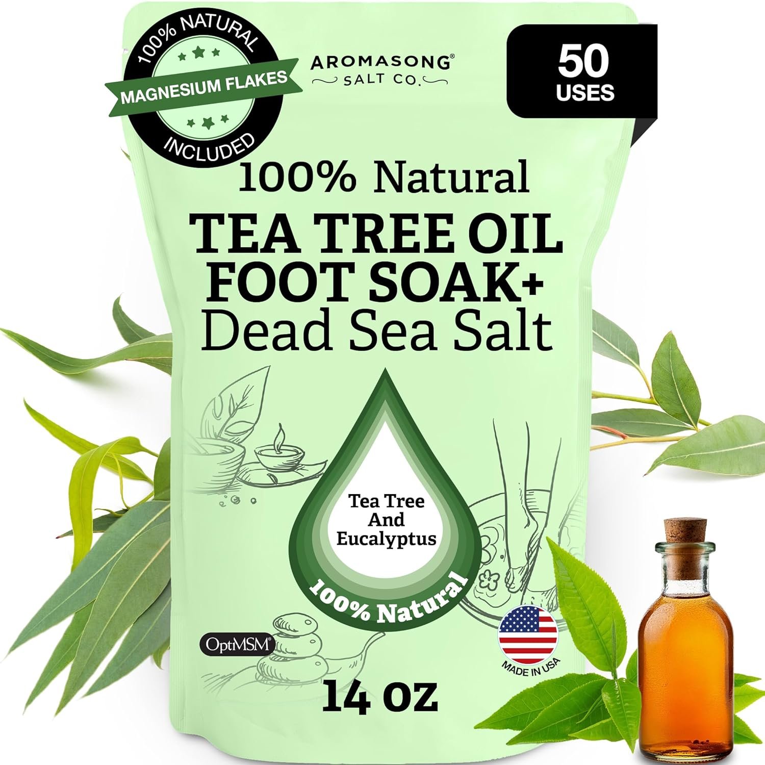 Aromasong Tea Tree Foot Soak with Dead Sea Foot Soaking Salts - Pedicure Soak for Dry Cracked Feet - Athletes Callus Remover Soothes Sore Feet - Eliminates Odor - Made In USA - Packaging may vary
