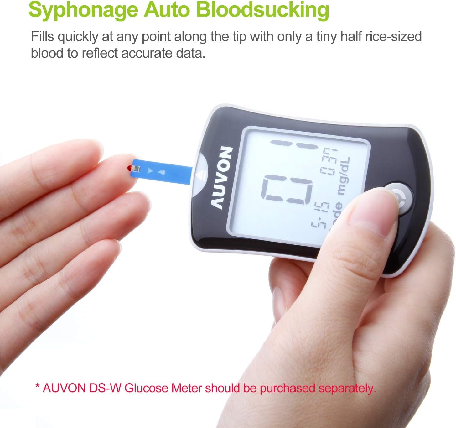 AUVON DS-W Draw-in Blood Glucose Test Strips for use with AUVON DS-W Diabetes Sugar Testing Meter (No Coding Required, 300 Count)