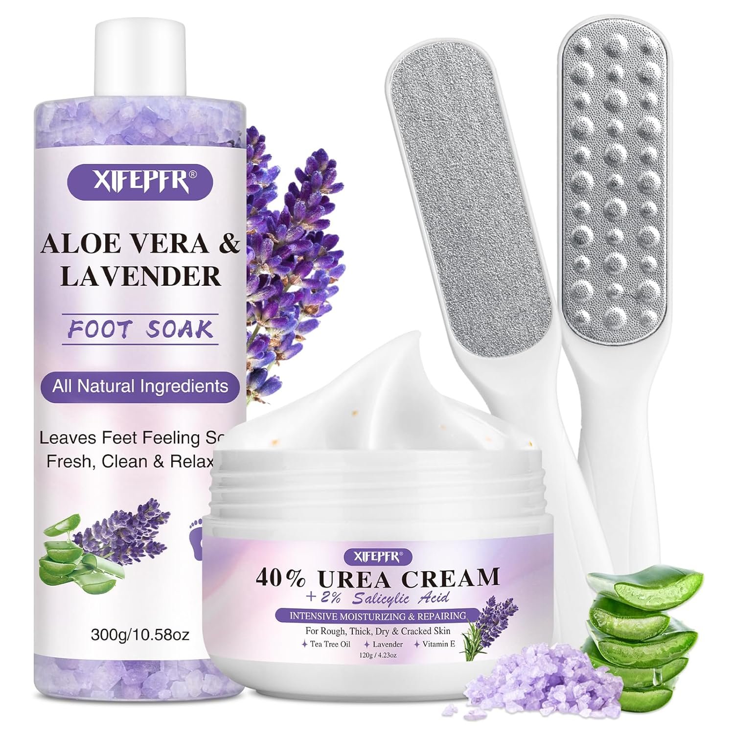 Foot Soak Set Callus Remover Pedicure Kit - Urea Cream 40%, Lavender Soak Salt with Epsom Salt  Foot File for Dead Skin, Foot Care Kit for Dry Cracked Heels at Home