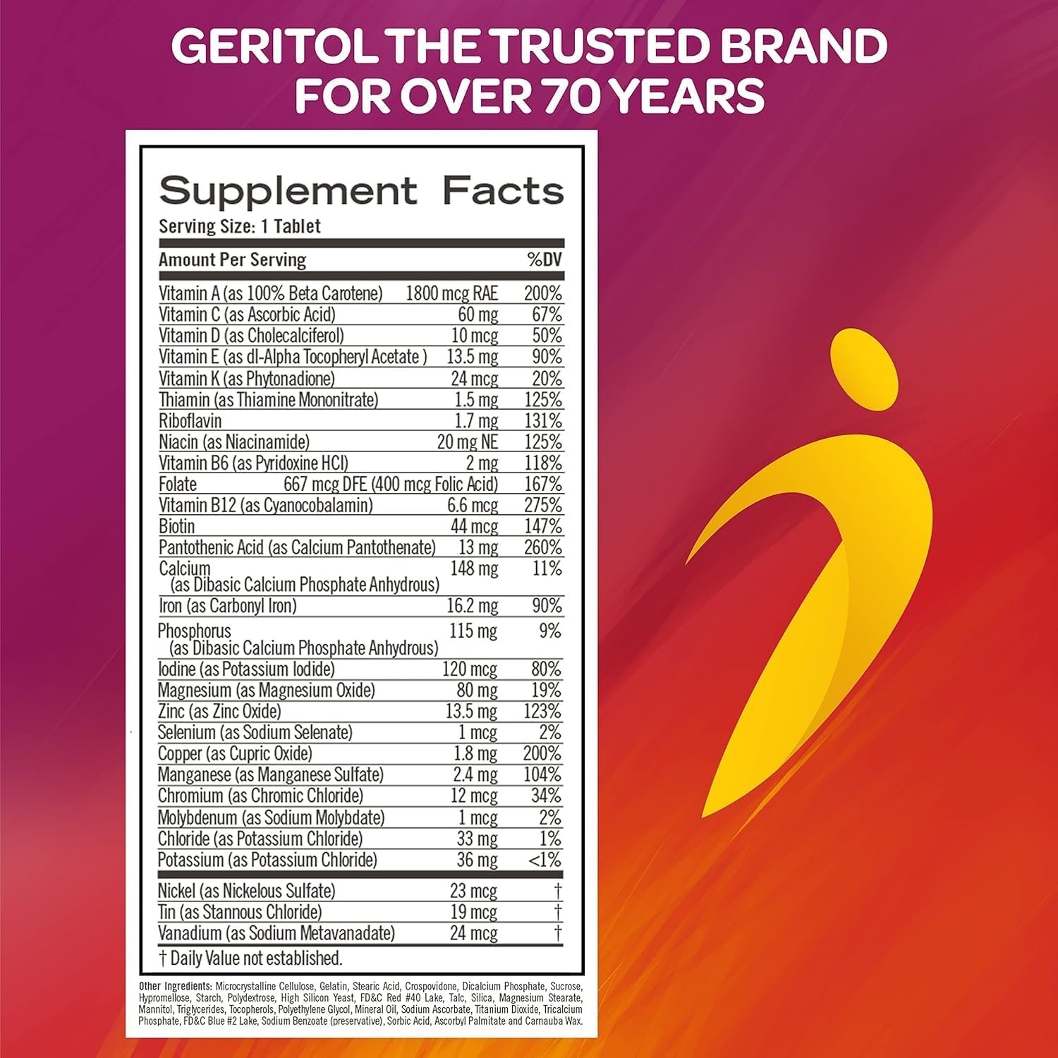 Geritol, Multivitamin Supplement, Contains B-Vitamins, Antioxidants, Vitamins C, E  D and Iron, 26 Essential Vitamins and Minerals, Gluten-Free, Non-GMO, No Artificial Sweeteners, 100 Tablets