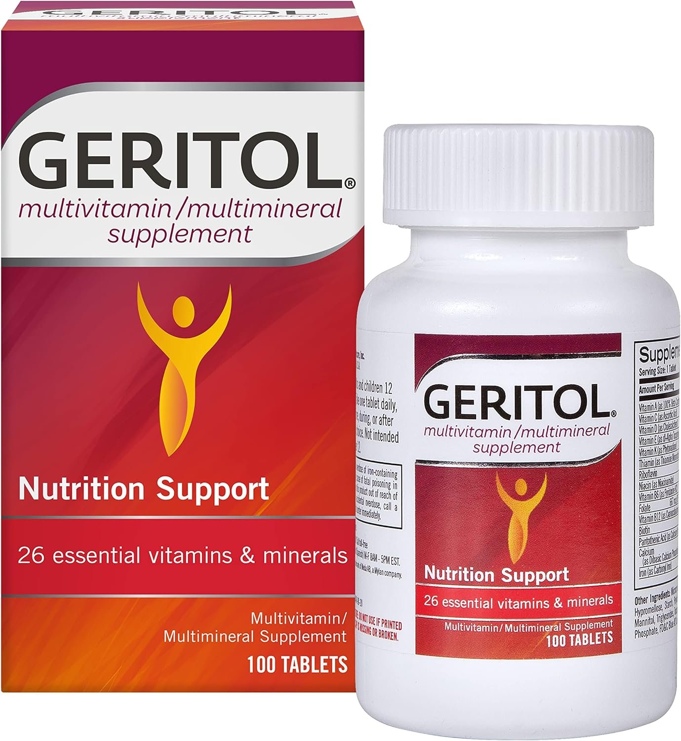 Geritol, Multivitamin Supplement, Contains B-Vitamins, Antioxidants, Vitamins C, E  D and Iron, 26 Essential Vitamins and Minerals, Gluten-Free, Non-GMO, No Artificial Sweeteners, 100 Tablets